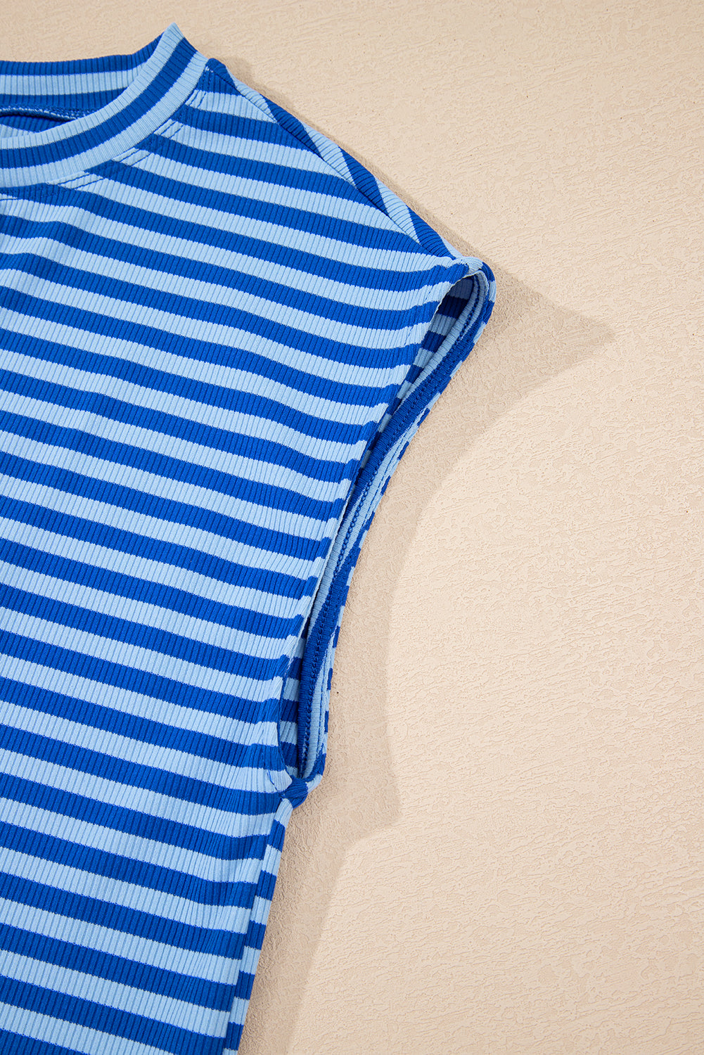 Red Stripe Ribbed Cap Sleeve Round Neck T Shirt