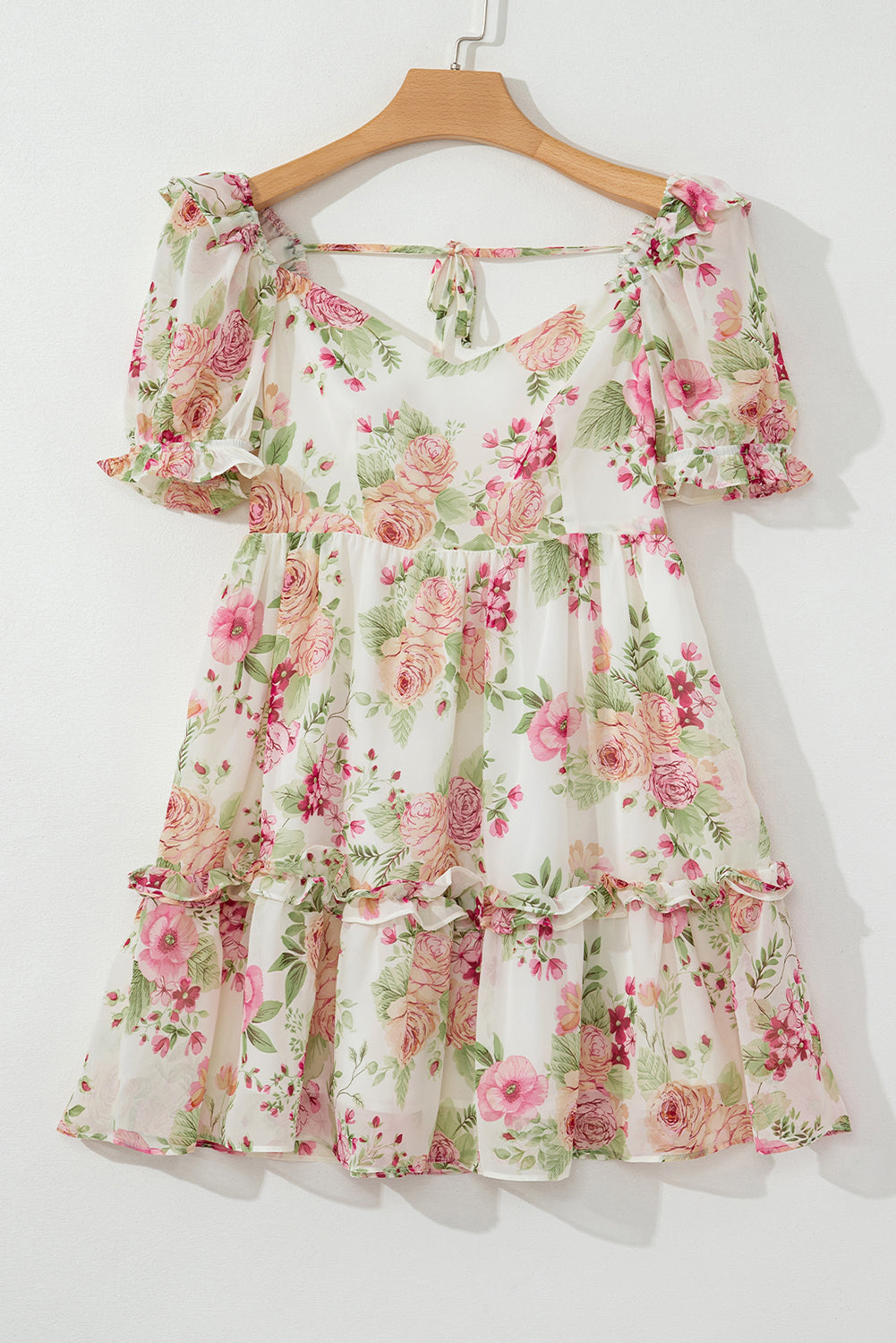 White Floral Print Sweetheart Neck Bubble Sleeve Ruffle Mini Dress