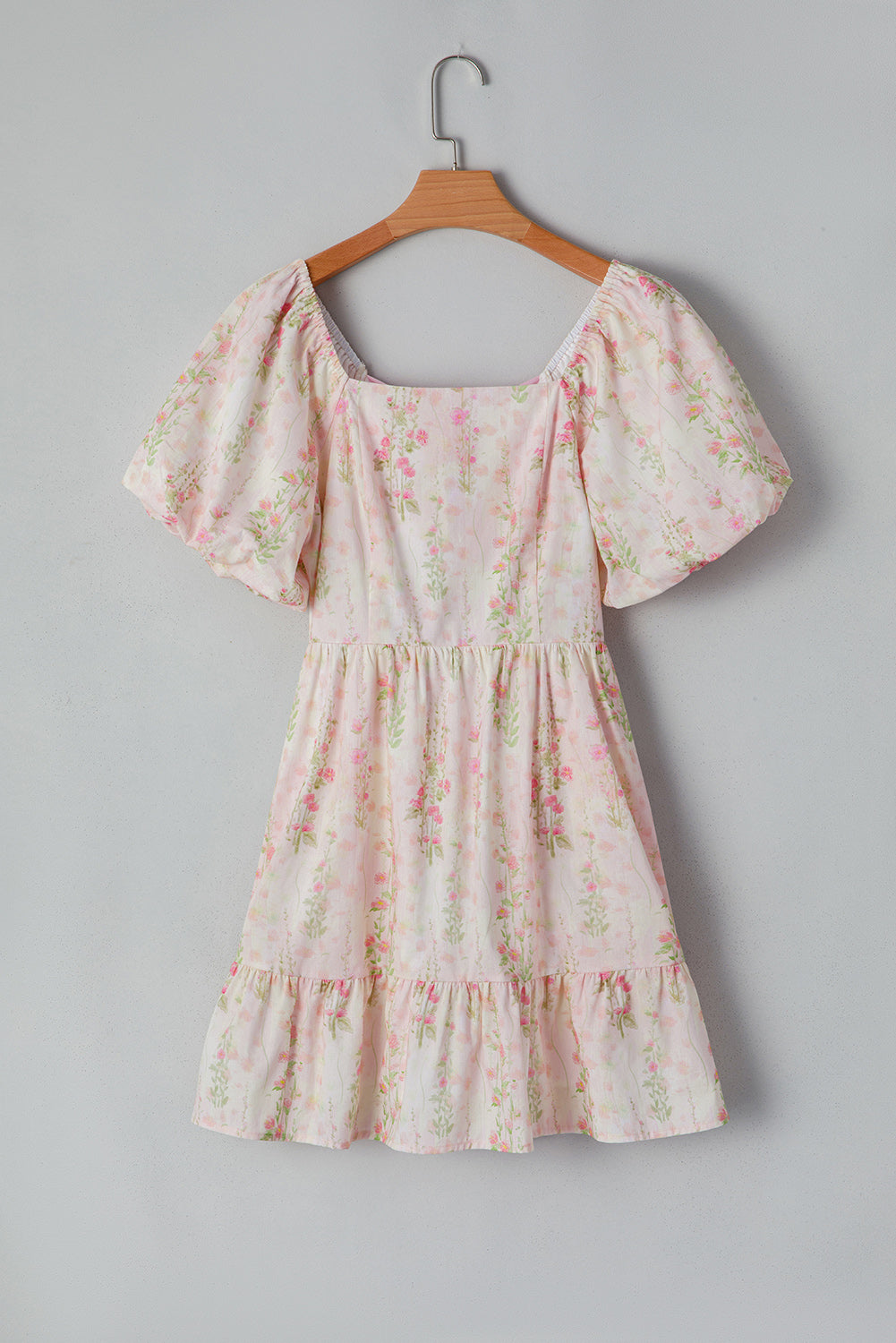 Pink Floral Puff Sleeve Square Neck Knotted Backless Ruffle Mini Dress