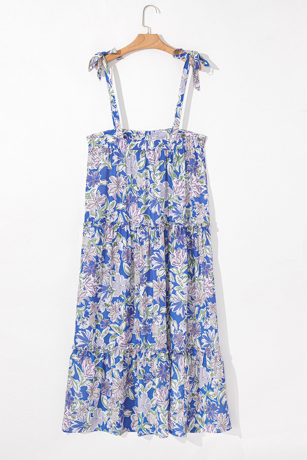 Sky Blue Floral Print Tie Straps Flowy Ruffle Maxi Dress