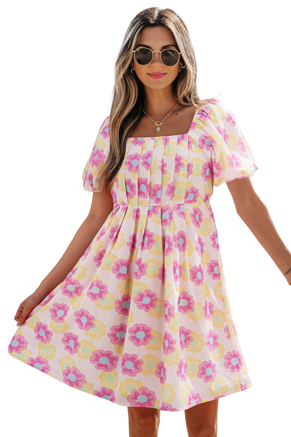 Rose Vibrant Floral Puff Sleeve Pleated Flared Mini Dress