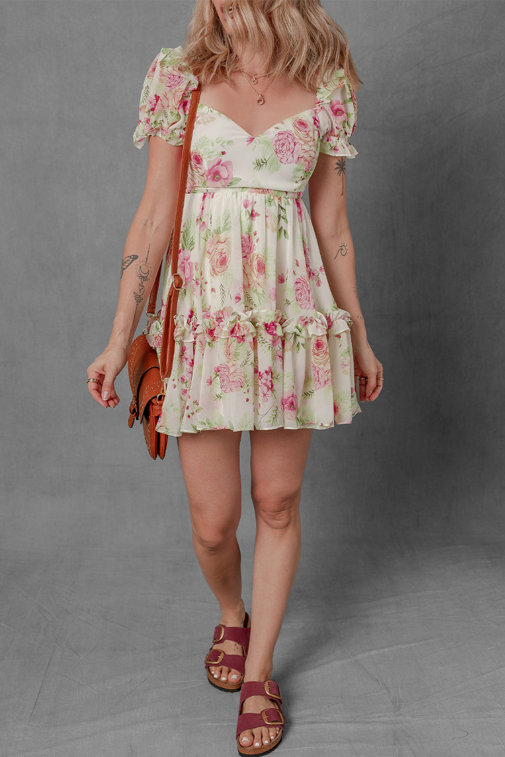 White Floral Print Sweetheart Neck Bubble Sleeve Ruffle Mini Dress