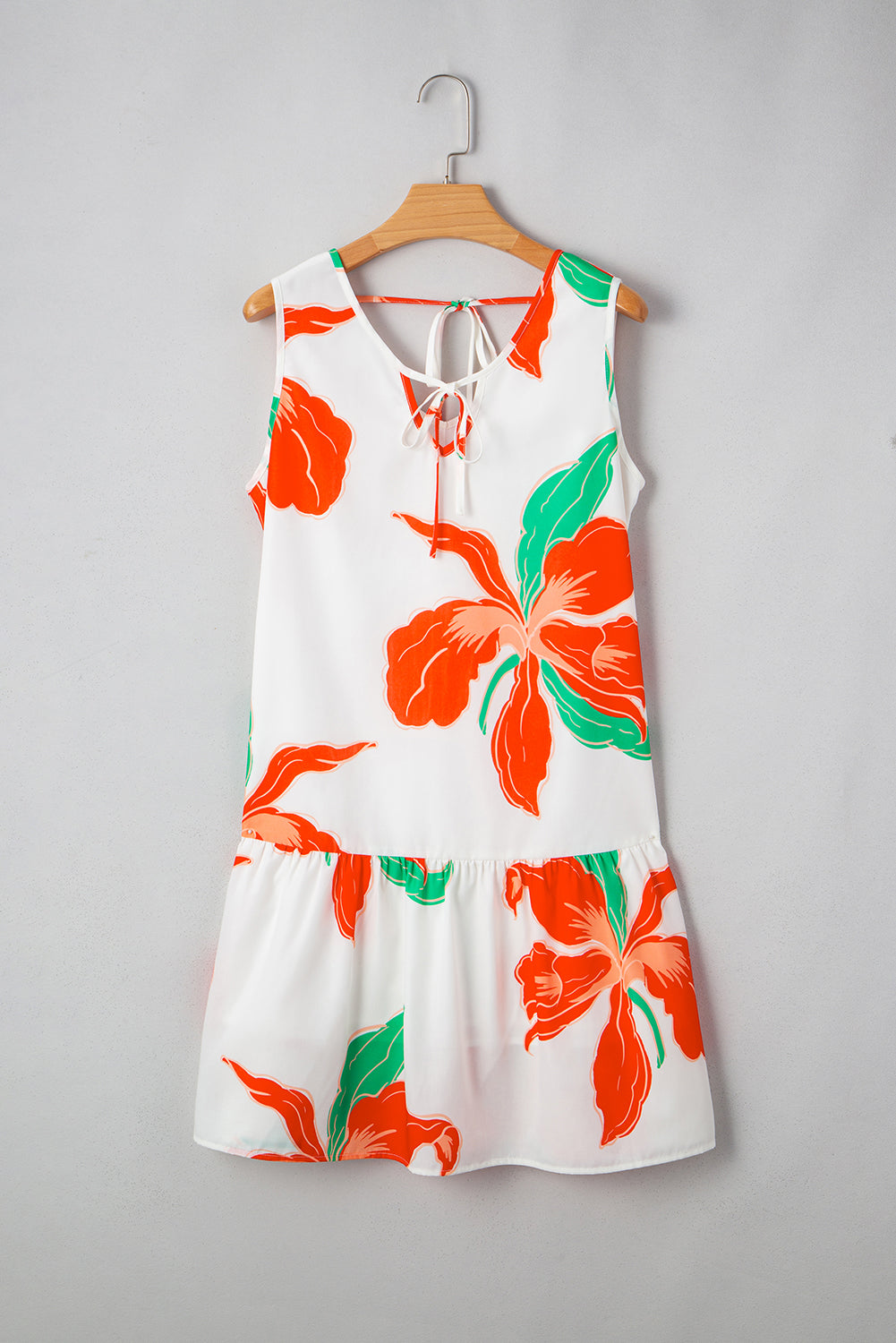 Red Floral Print Tie Front Ruffle Hem Mini Dress