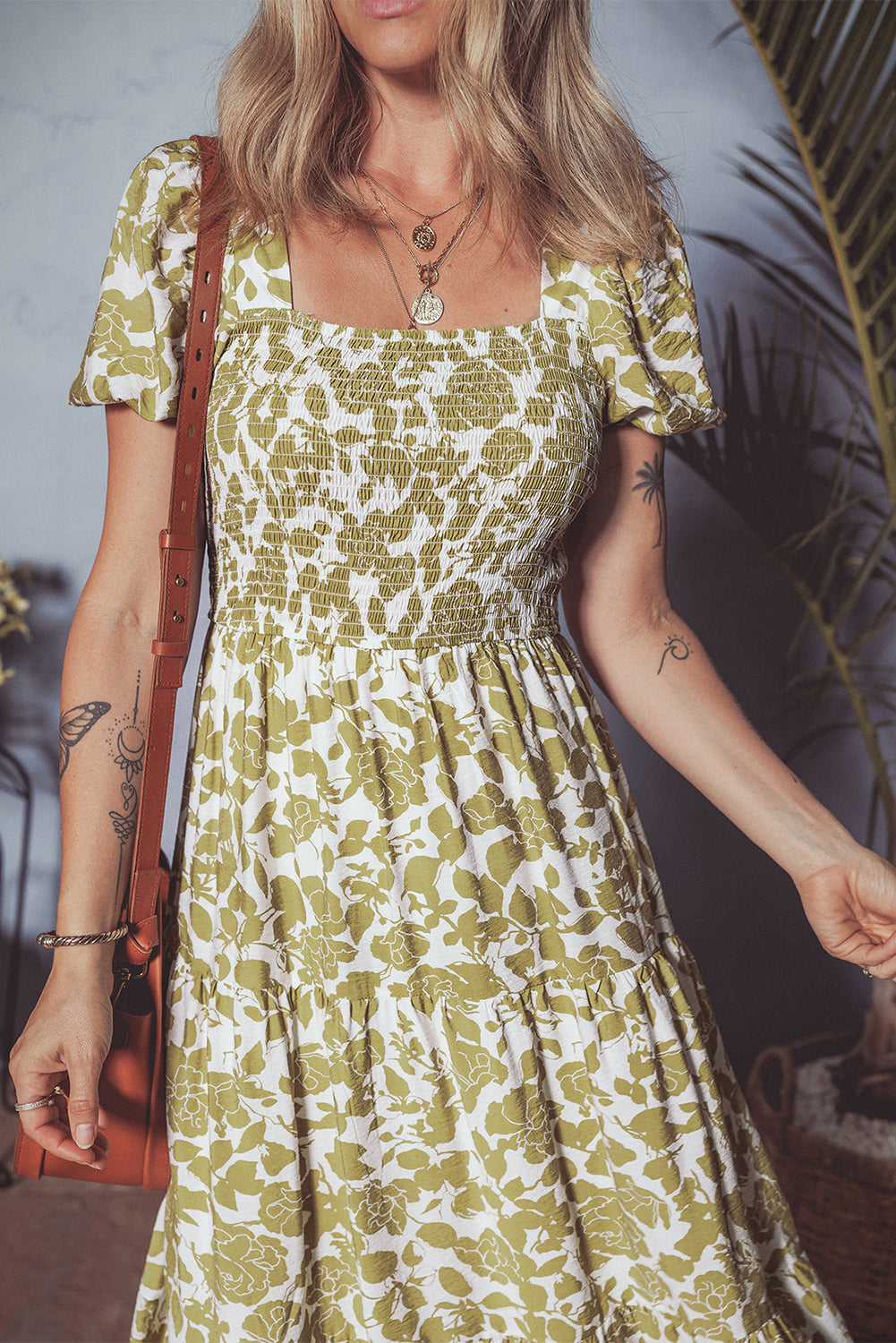 Yellow Boho Floral Print Square Neck Puff Sleeve Tiered Maxi Dress
