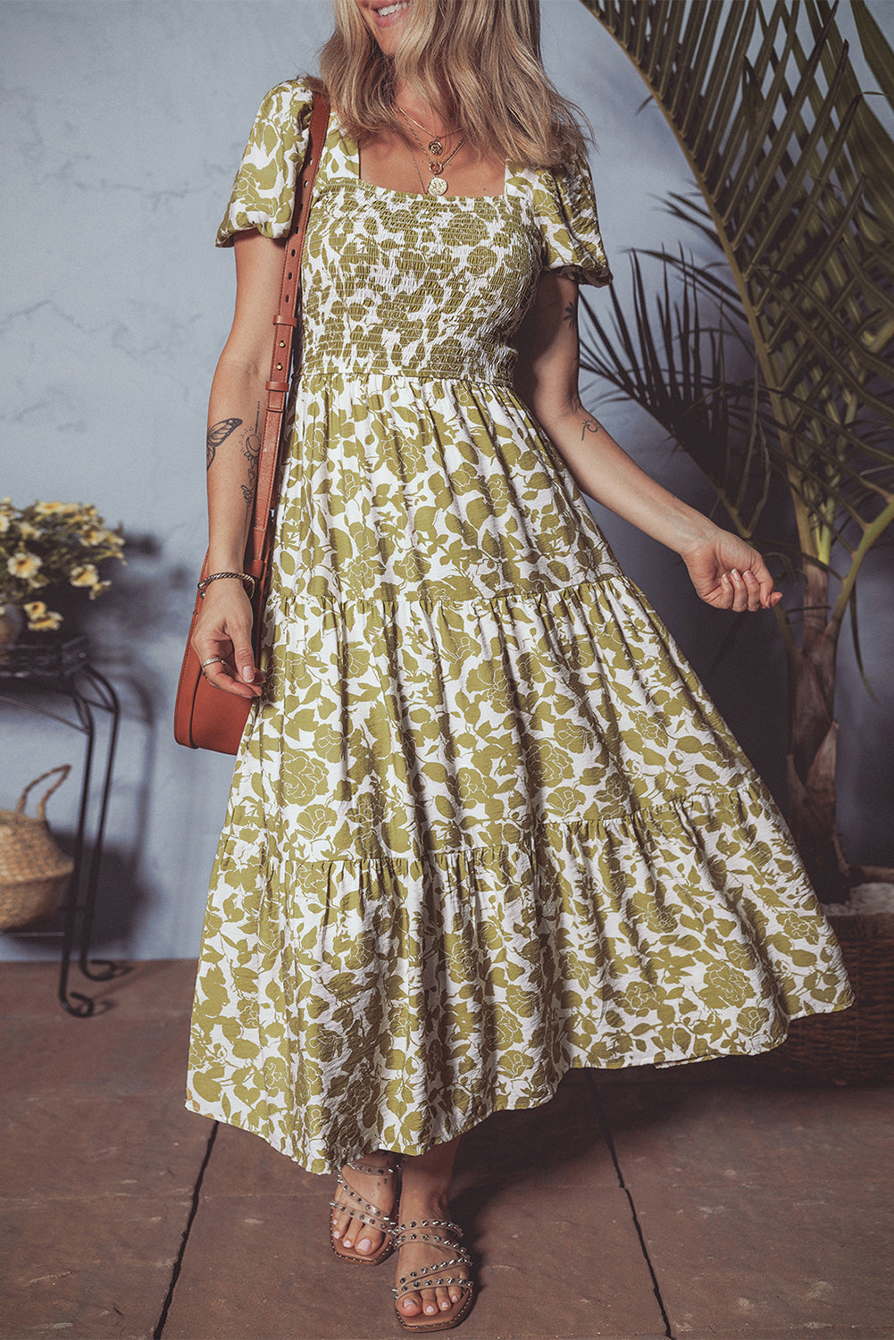 Yellow Boho Floral Print Square Neck Puff Sleeve Tiered Maxi Dress