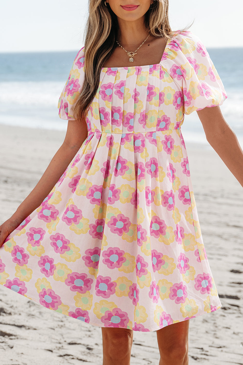 Rose Vibrant Floral Puff Sleeve Pleated Flared Mini Dress