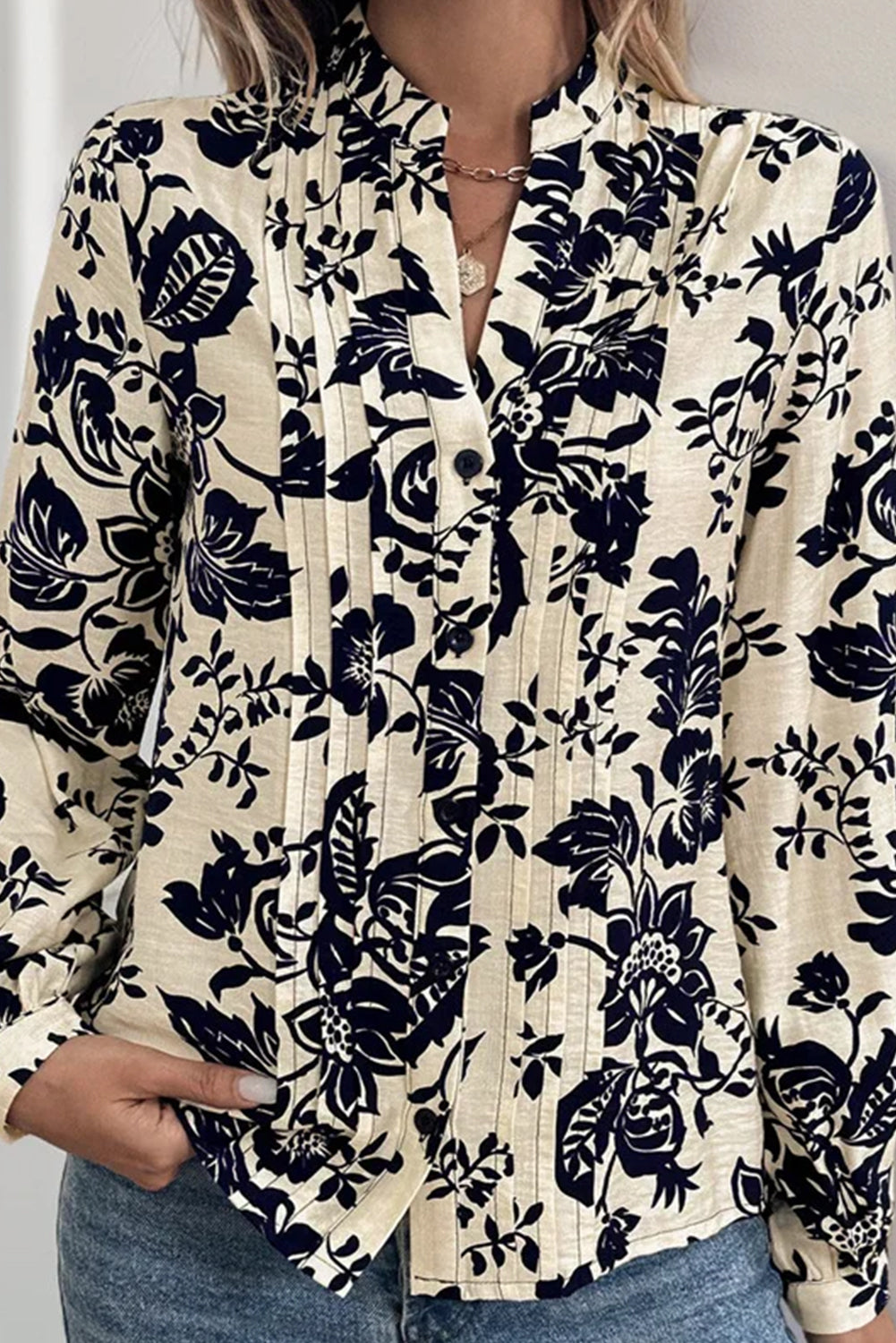 Apricot Botanical Print Pleated Button-up Shirt