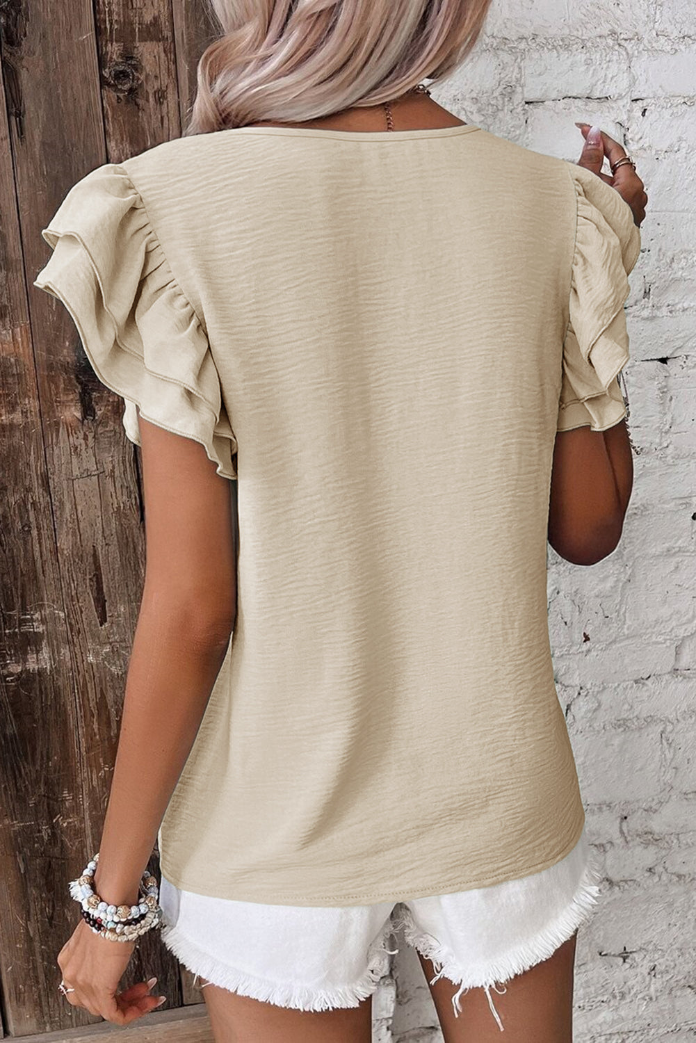 Clearly Aqua Solid Color Ruffle Sleeve Crinkled Blouse