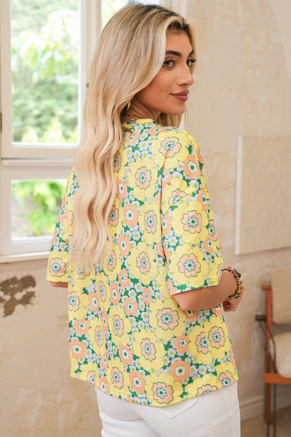 Yellow Summer Flower Print Drop Shoulder Loose T Shirt
