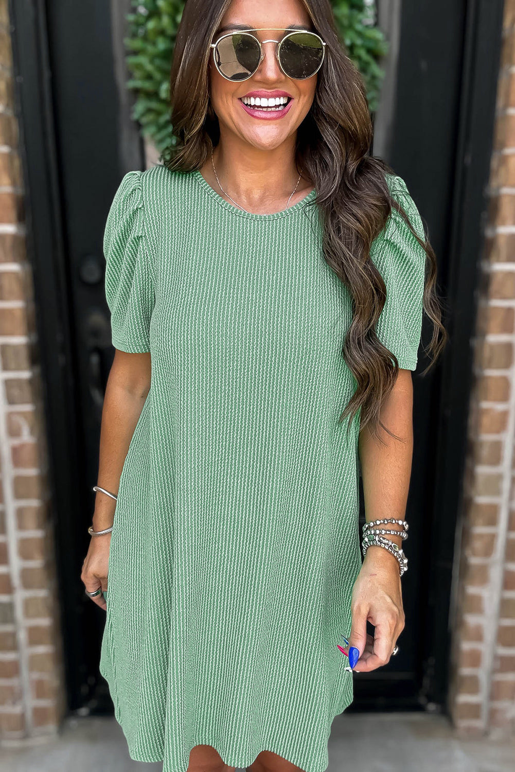 Blossom Corded Crew Neck Puff Sleeve Mini Dress
