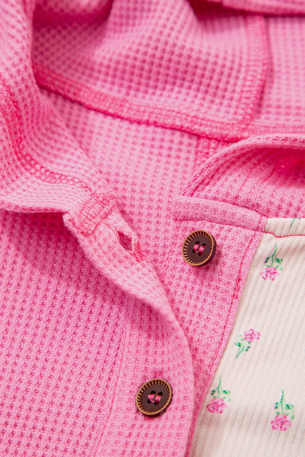 Pink Mixed Texture Waffle Floral Patchwork Hooded Oversized Pullover Top