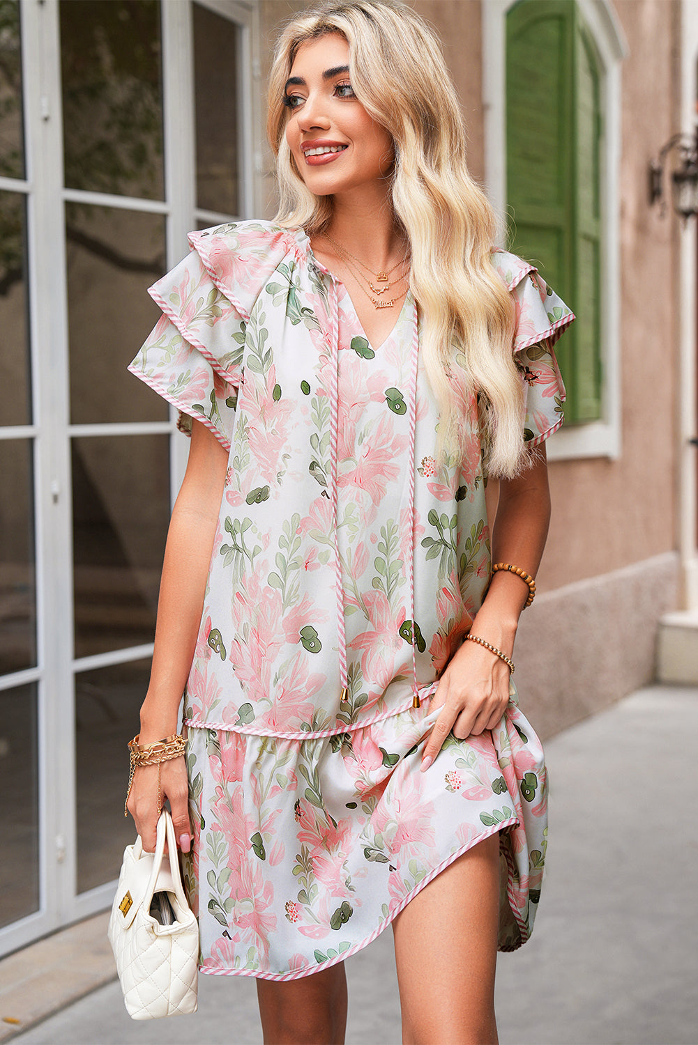 Orange Floral Contrast Edge Ruffle Sleeve Tie Neck Mini Dress
