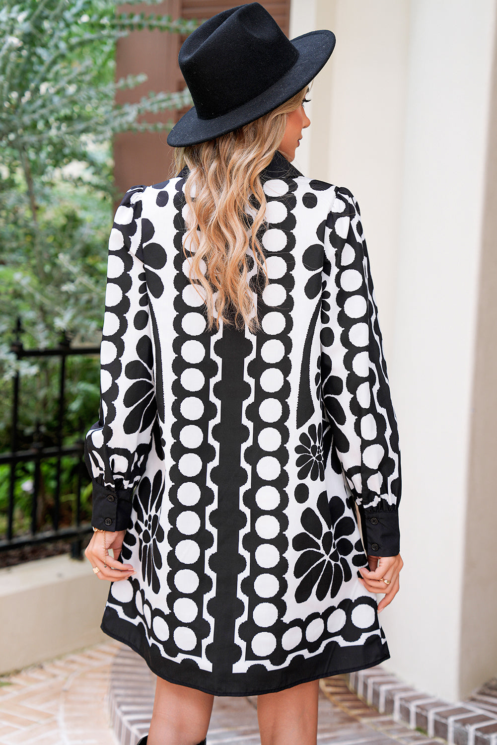 Black Abstract Print V Neck Puff Sleeve Mini Dress