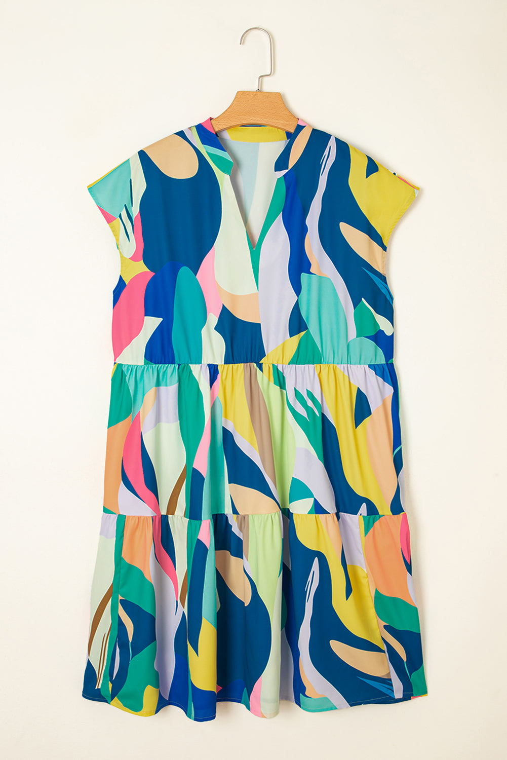 Blue Abstract Print V-Neck Short Sleeve Mini Dress
