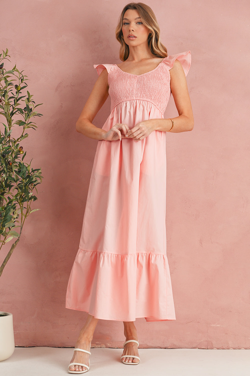 Apricot Pink V Neck Flutter Sleeve Smocked Bodice High Waist Ruffle Maxi Dress