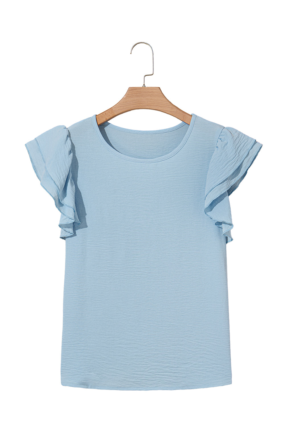 Clearly Aqua Solid Color Ruffle Sleeve Crinkled Blouse