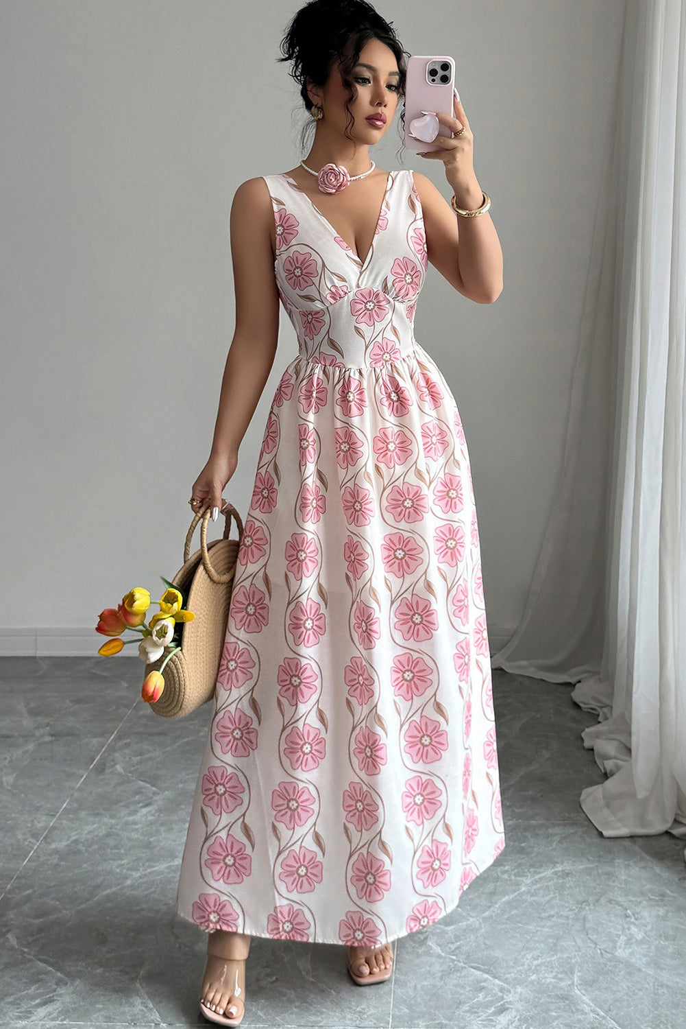 Pink Floral Print V Neck Sleeveless Maxi Dress