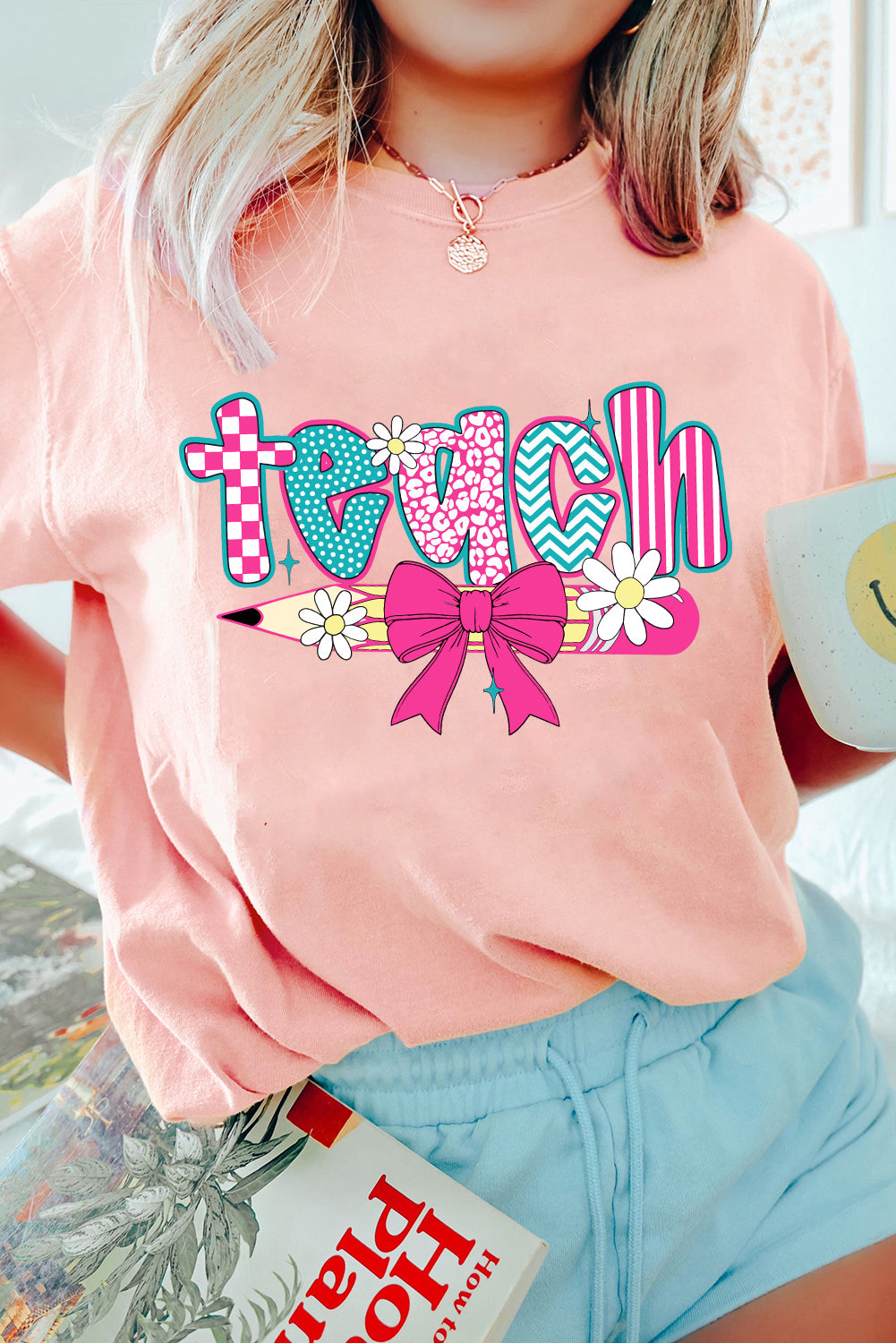 Pink Retro Checkered teach and Bow Pencil Graphic T Shirt