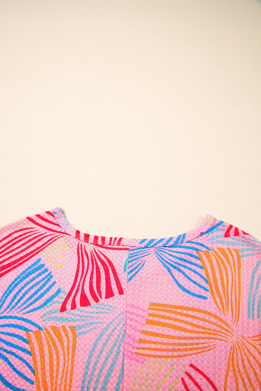 Sky Blue Bowknot Print Waffle Loose Tee