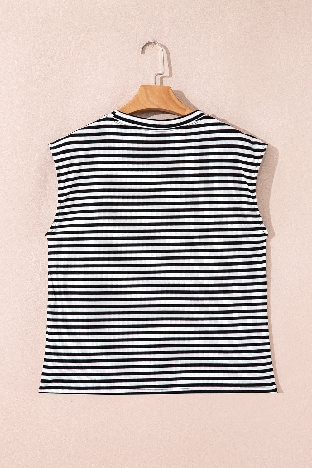 Red Stripe Ribbed Cap Sleeve Round Neck T Shirt