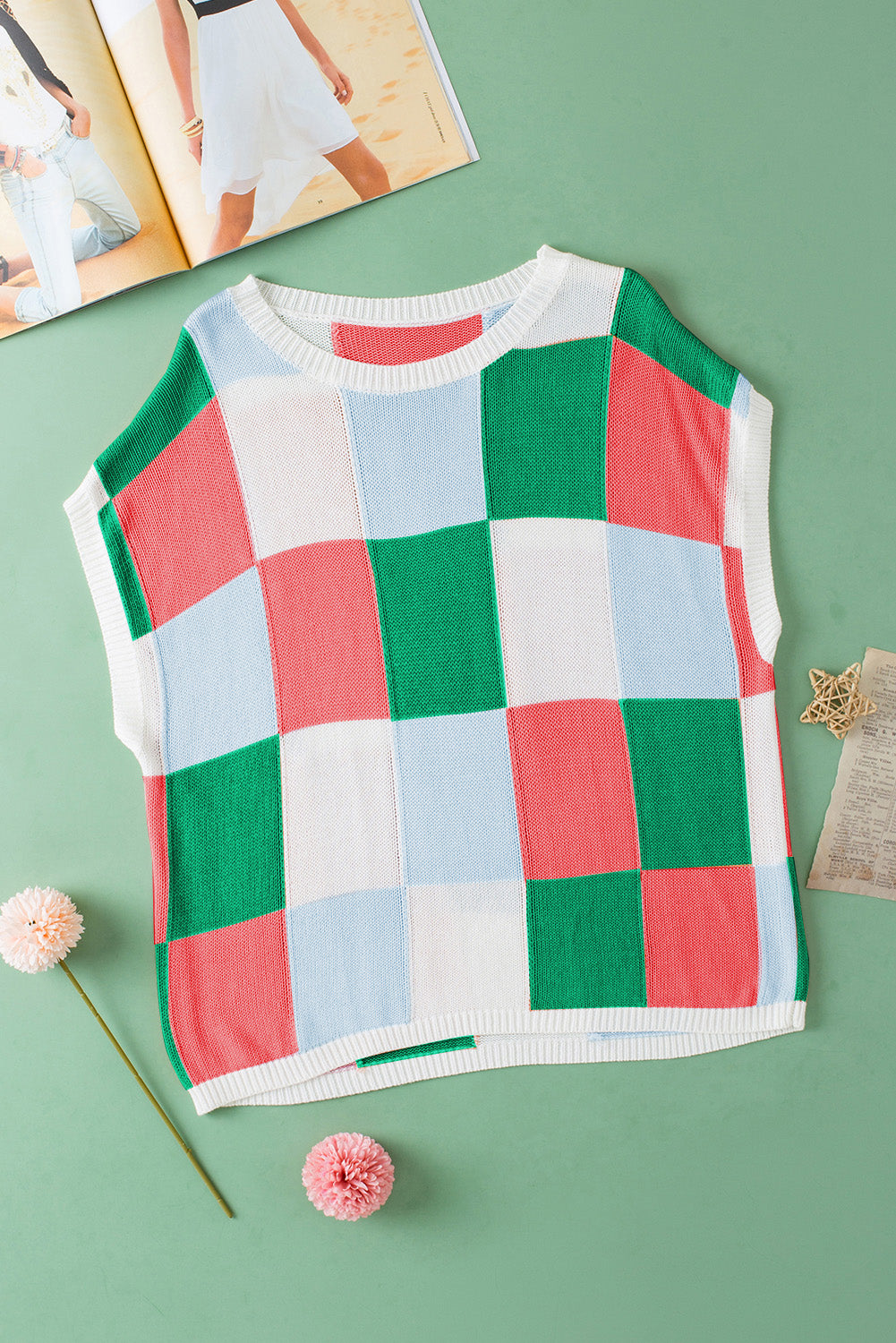 Grapefruit Orange Checkered Color Block Cap Sleeve Knitted Top