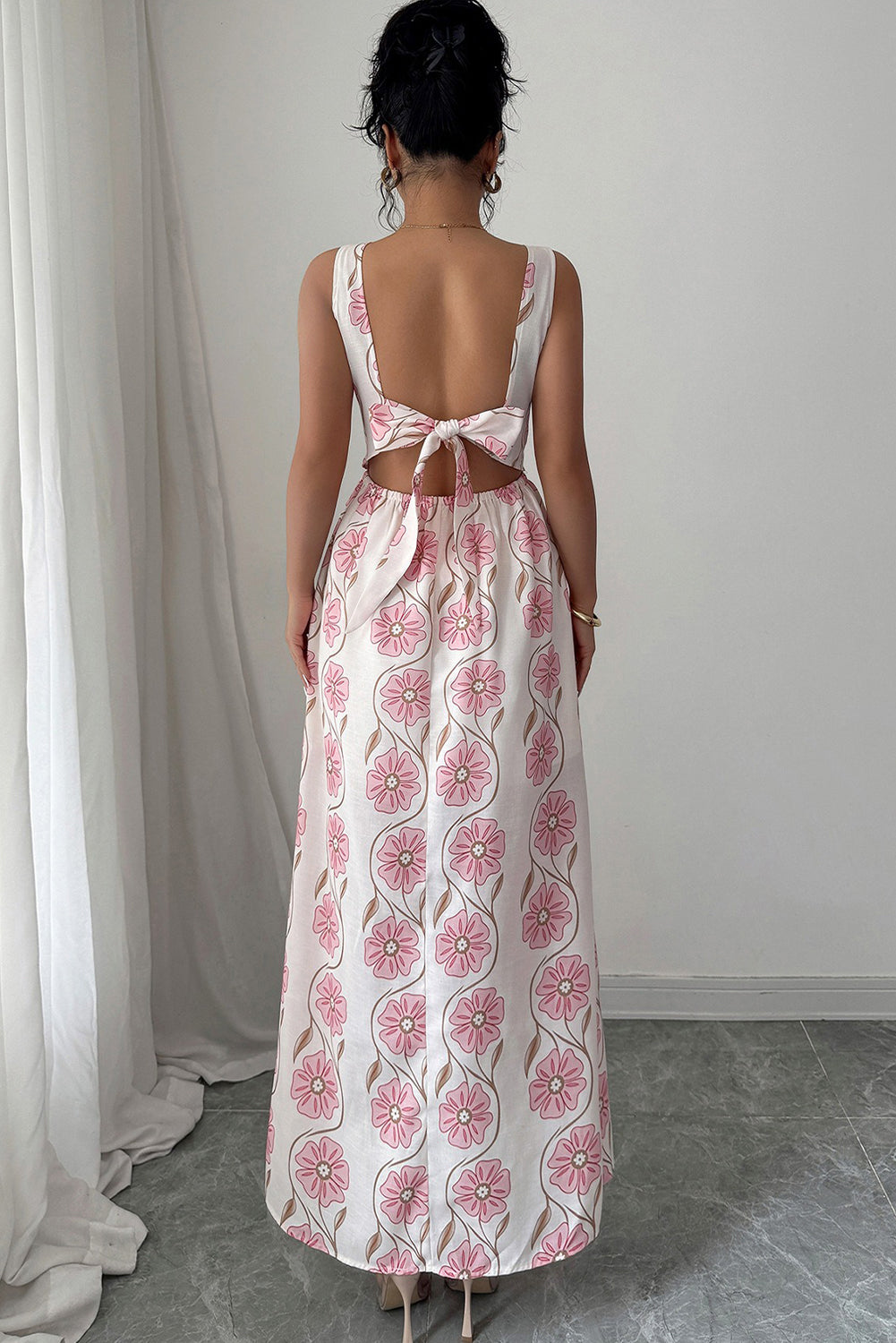 Pink Floral Print V Neck Sleeveless Maxi Dress