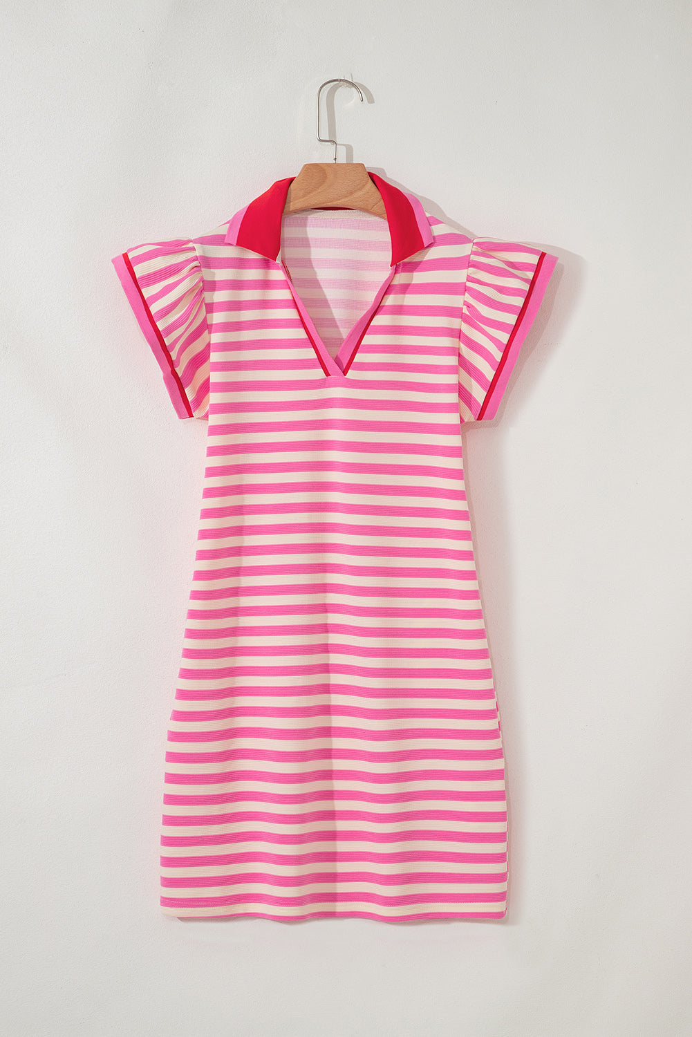 Dark Blue Striped Ruffle Short Sleeve Pop of Color Neckline Dress
