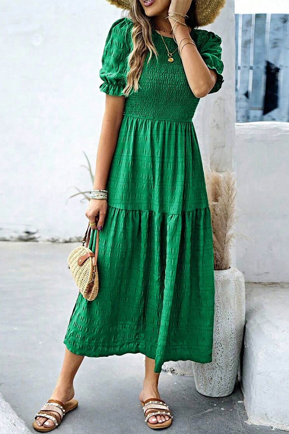Dark Green Solid Textured Shirred High Waist Midi Dress