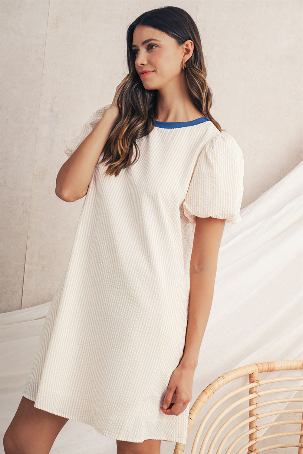Beige Striped Print Puff Sleeve Textured Mini Dress