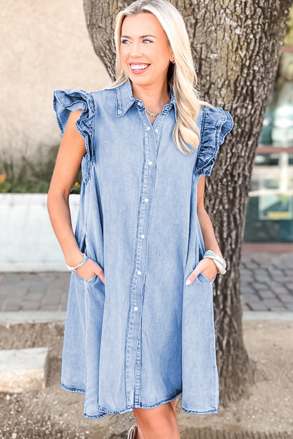 Beau Blue Ruffle Sleeve Button Down A-line Mini Denim Dress