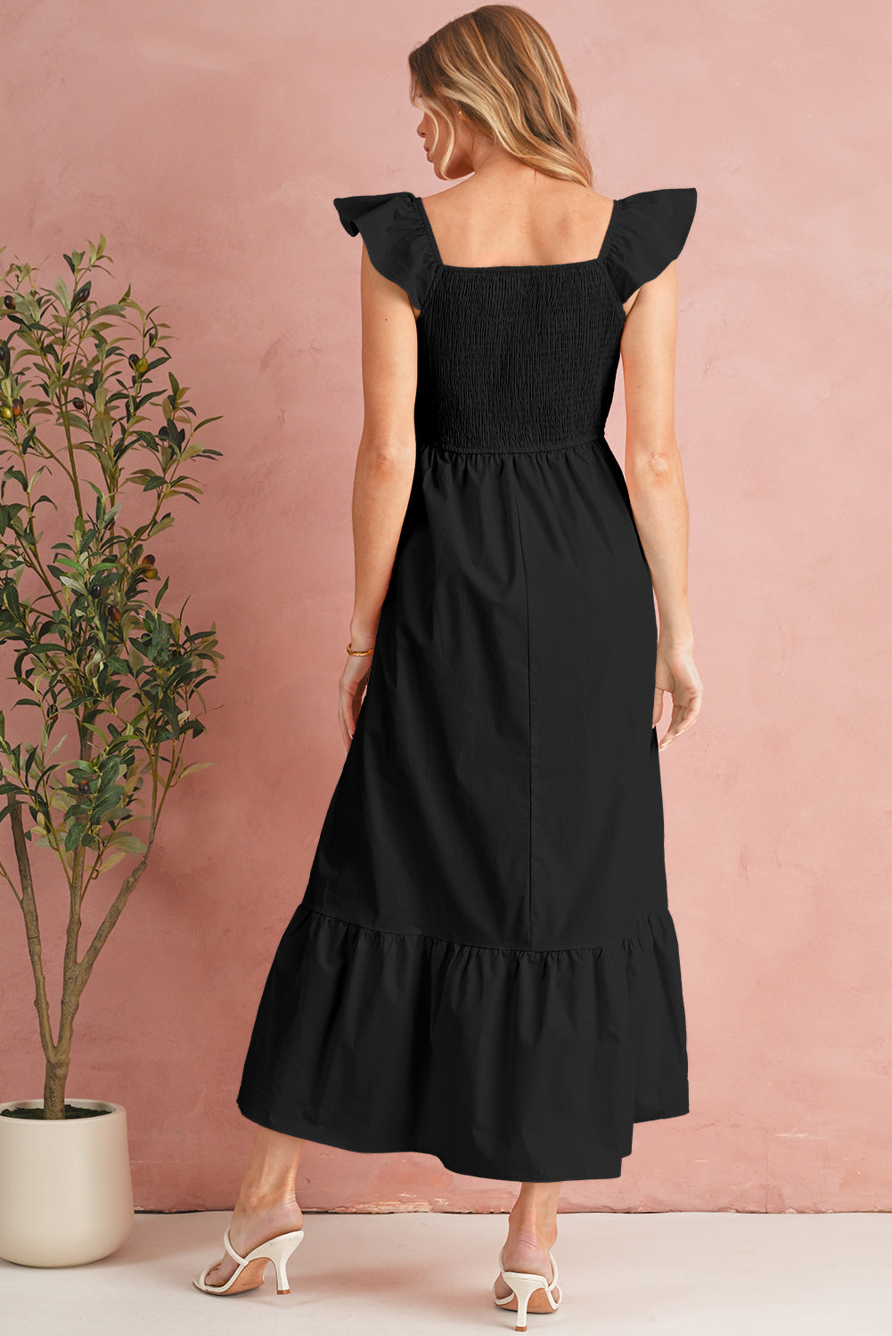 Apricot Pink V Neck Flutter Sleeve Smocked Bodice High Waist Ruffle Maxi Dress