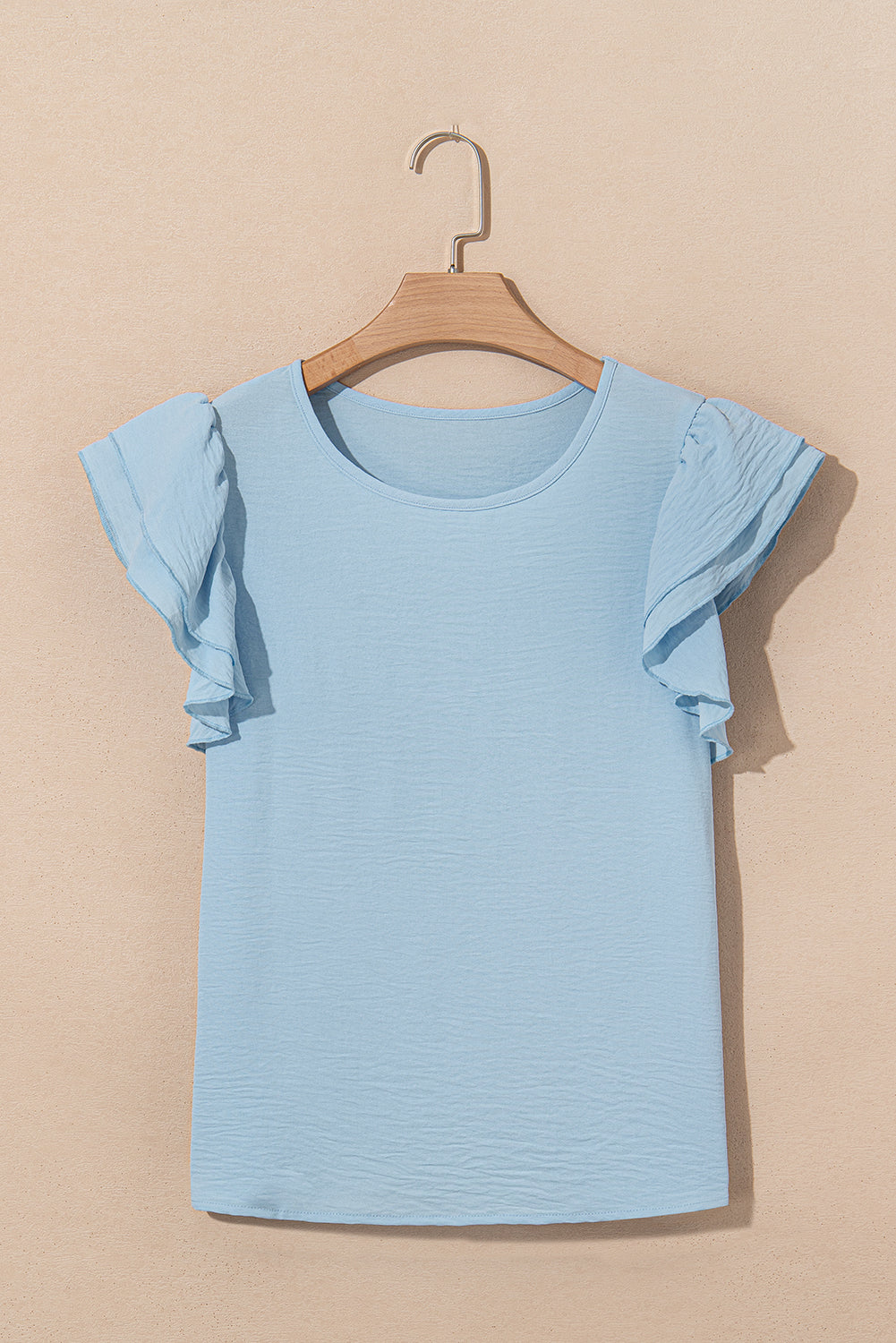 Clearly Aqua Solid Color Ruffle Sleeve Crinkled Blouse