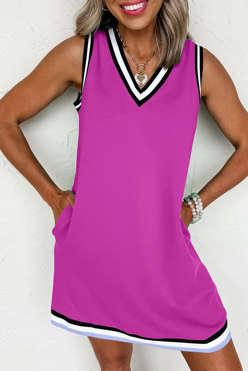 Myosotis Contrast Trim V Neck Sleeveless Mini Dress