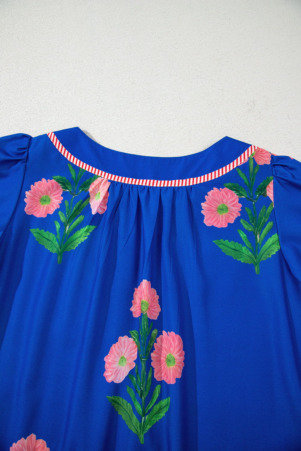 Blue Striped Trim Short Sleeve Split Neck Floral Mini Dress