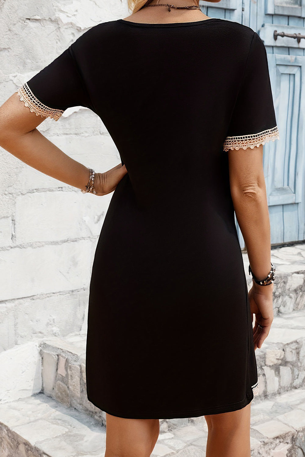 Black Lace Trim V Neck Short Sleeve Mini Dress