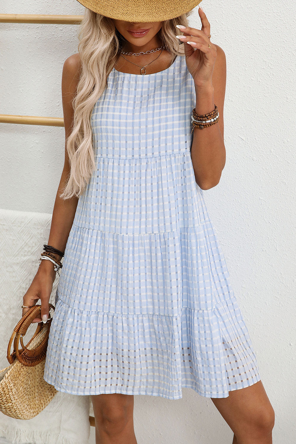 White Gingham High Waist Sleeveless Mini Dress