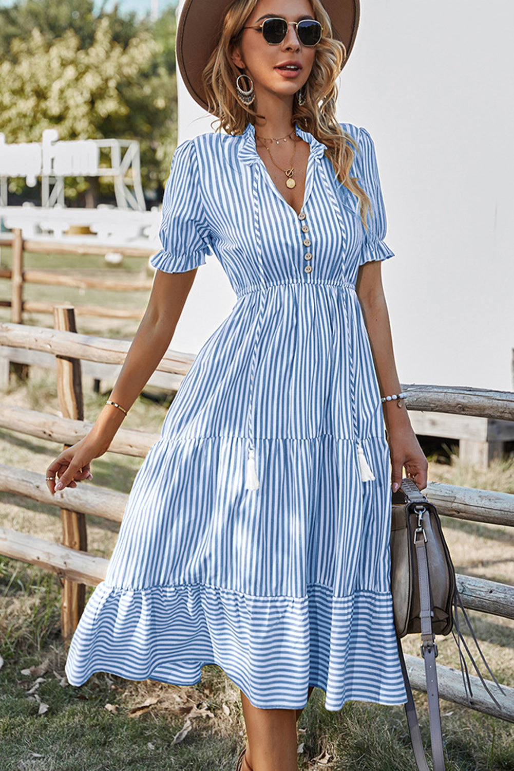 Sky Blue Stripe Button Tie Neck Midi Dress