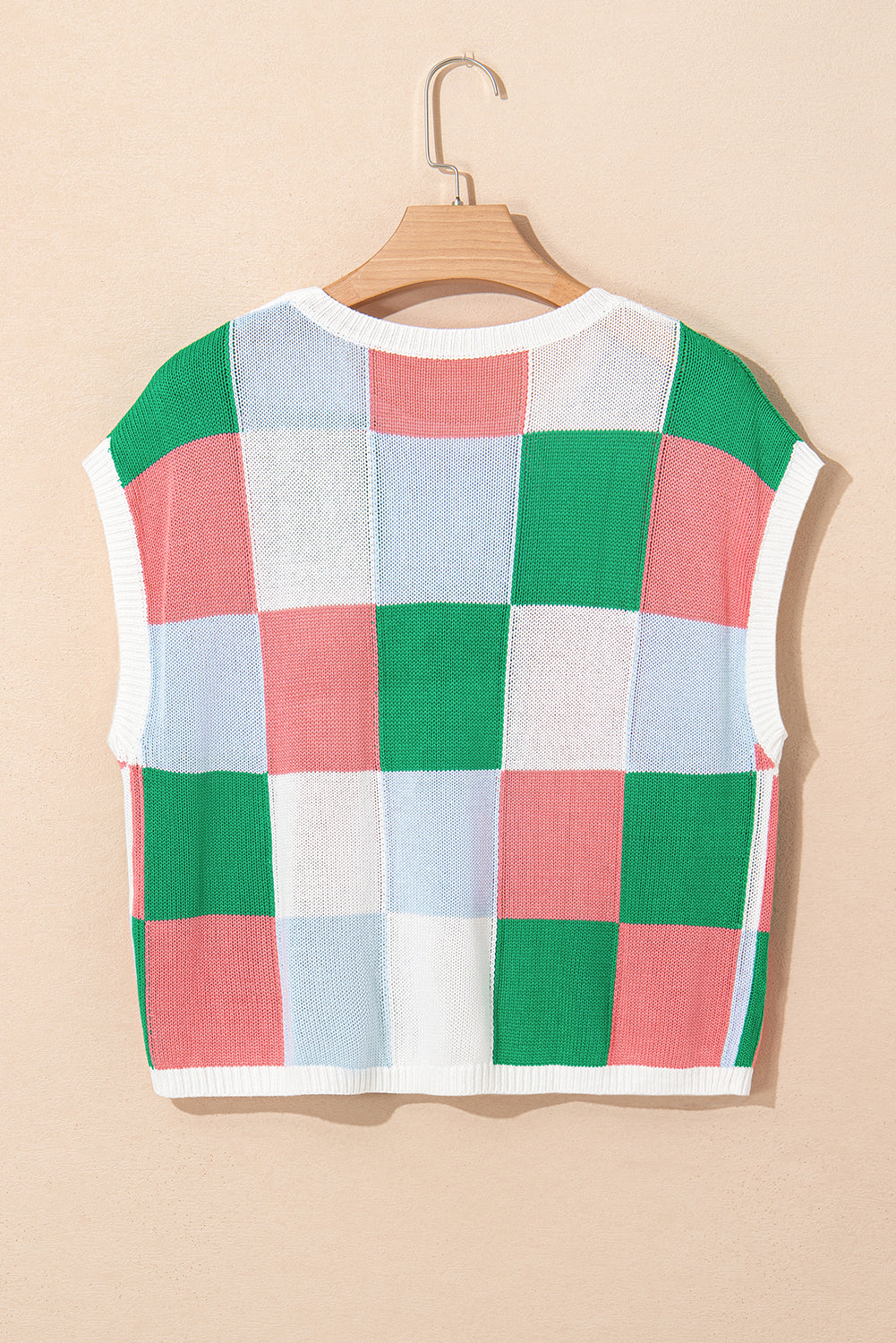 Grapefruit Orange Checkered Color Block Cap Sleeve Knitted Top