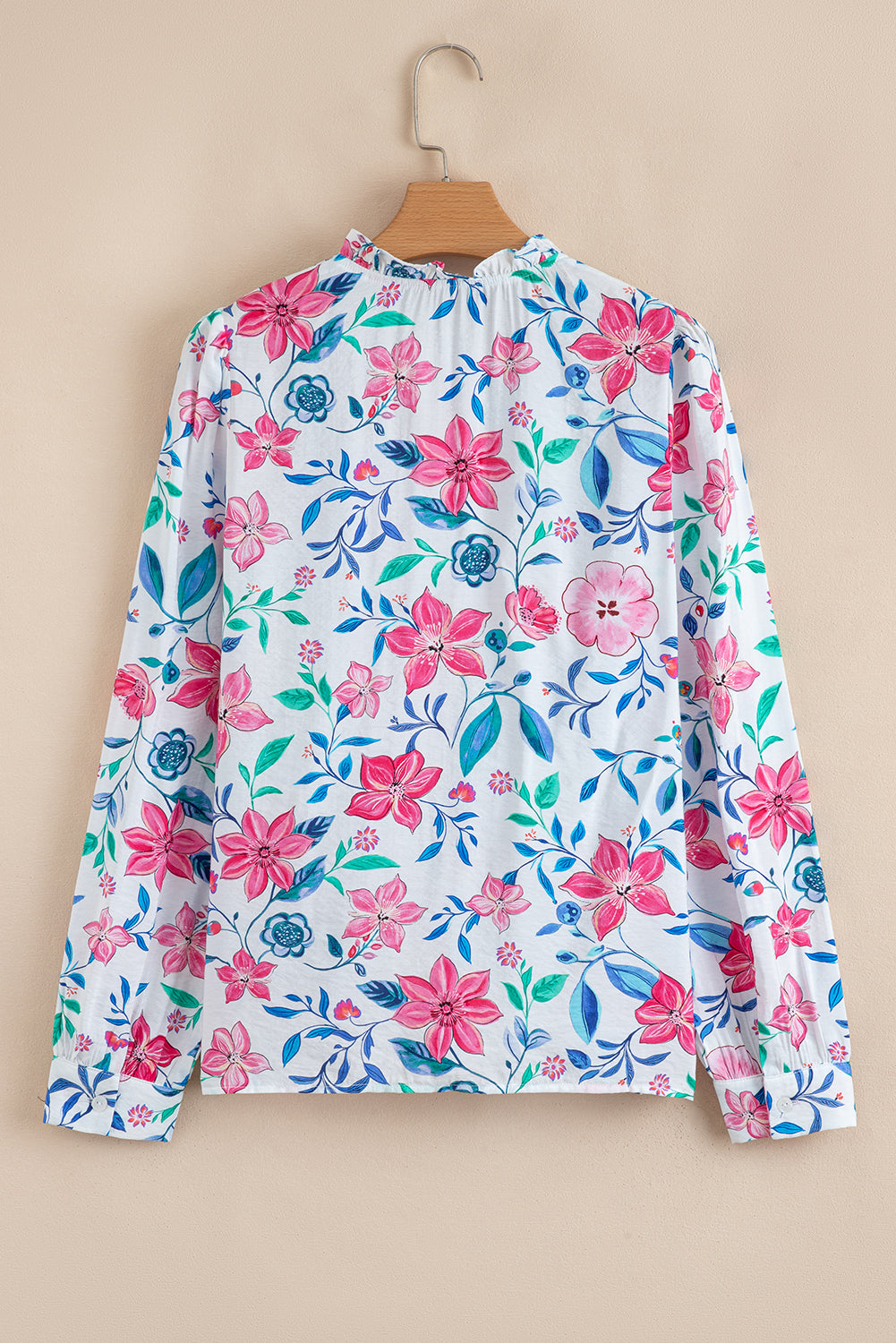 Pink Floral Print Lace Detail Button-up Long Sleeve Shirt