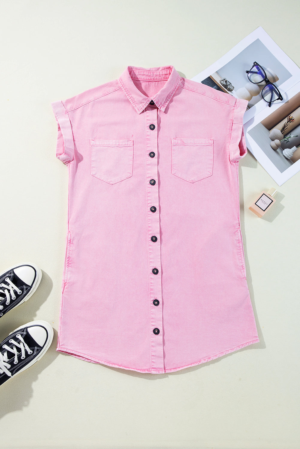 Orchid Petal Double Chest Pocket Denim Shirt Dress