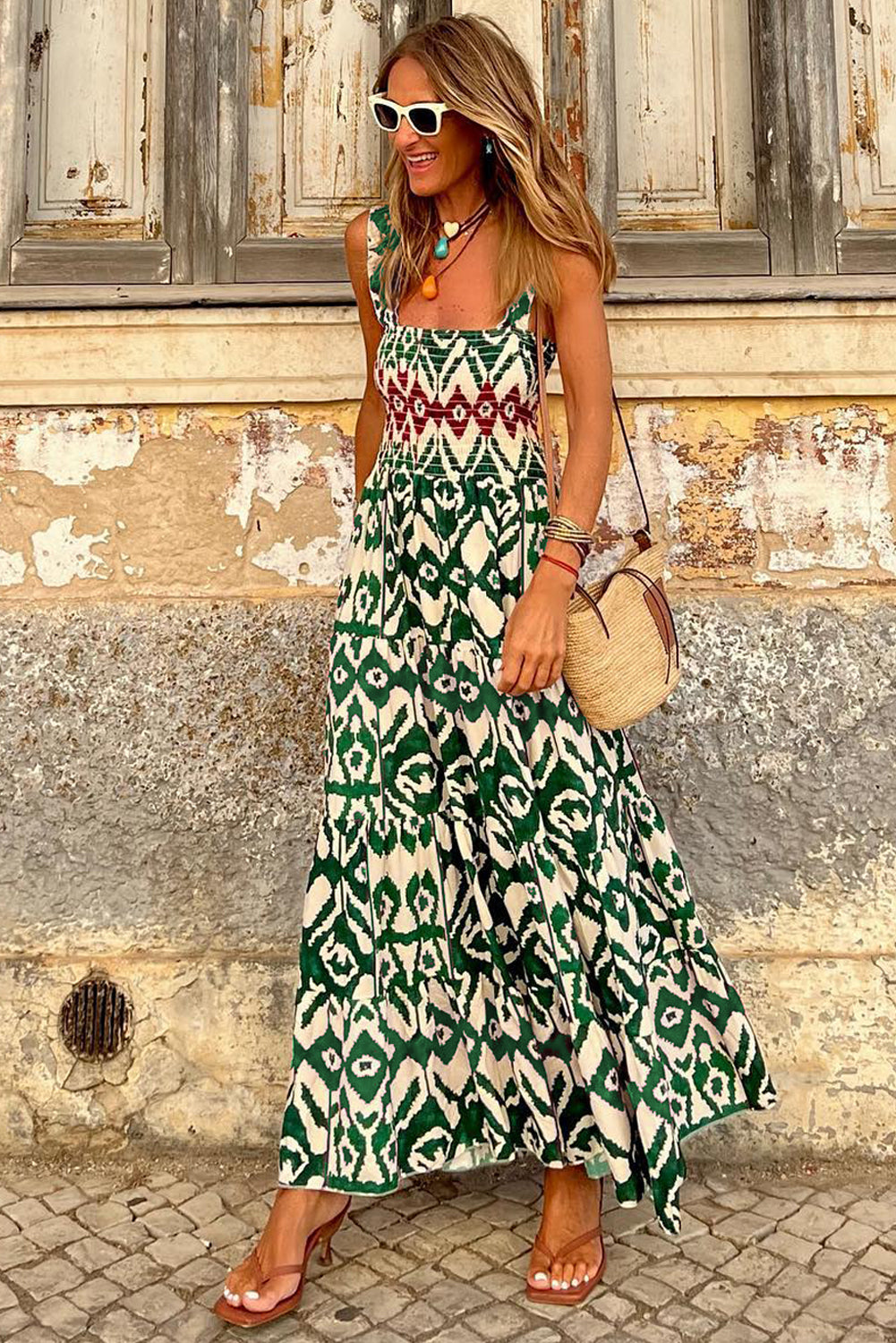 Green Boho Shirred A line Sleeveless Maxi Dress