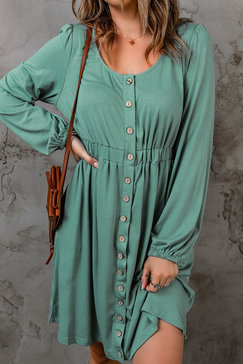 Green Casual Button Up Ruched Waist Short Dress
