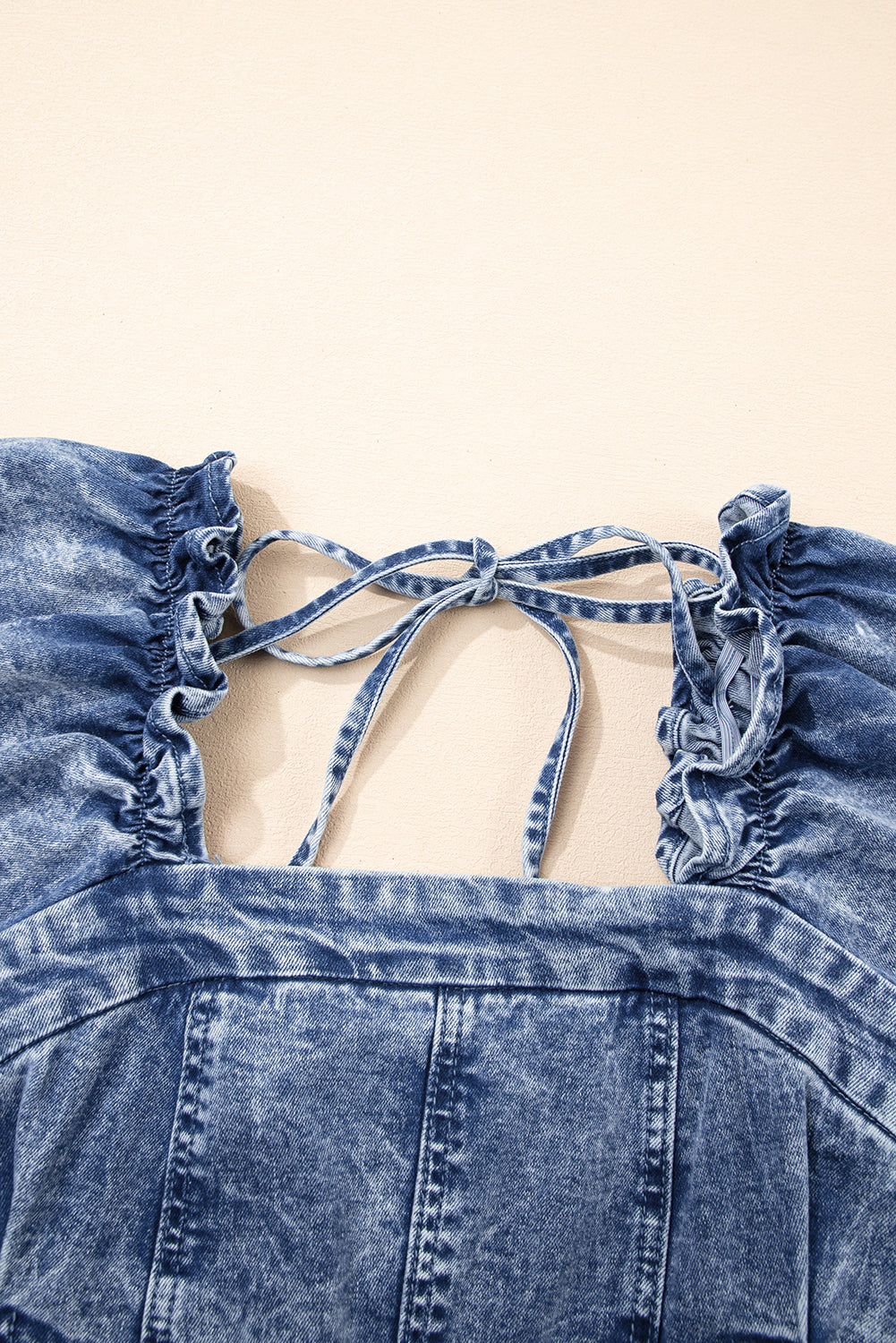 Blue Frill Square Neck Puff Sleeve Backless Denim Dress