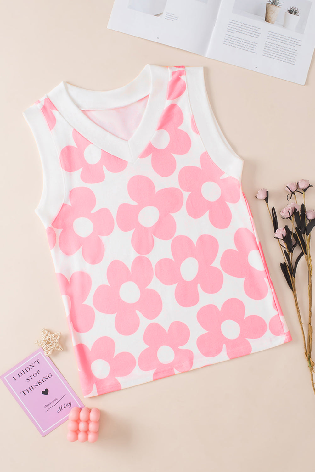 Pink 60s Floral Print V Neck Contrast Trim Knitted Vest