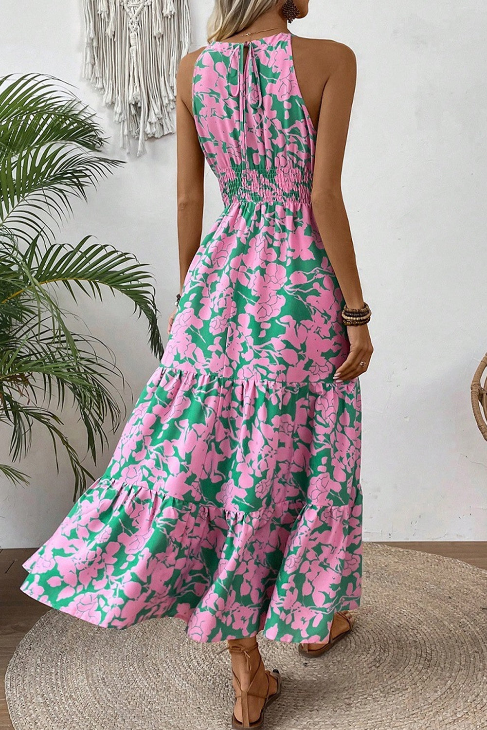 Pink Floral Shirred High Waist Tiered Halter Dress