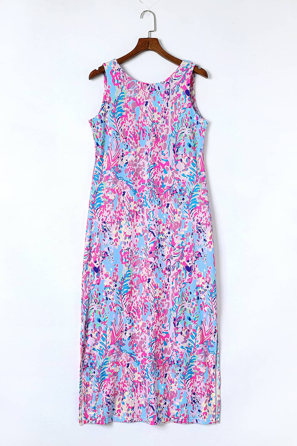 Purple Abstract Print Side Splits Round Neck Sleeveless Maxi Dress
