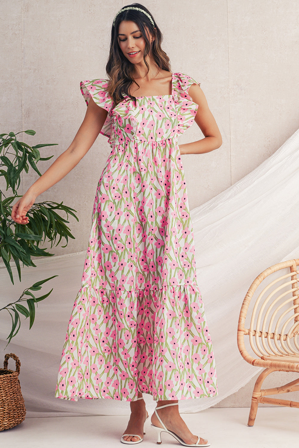 Blue Floral Print Square Neck Ruffled Strap Maxi Dress