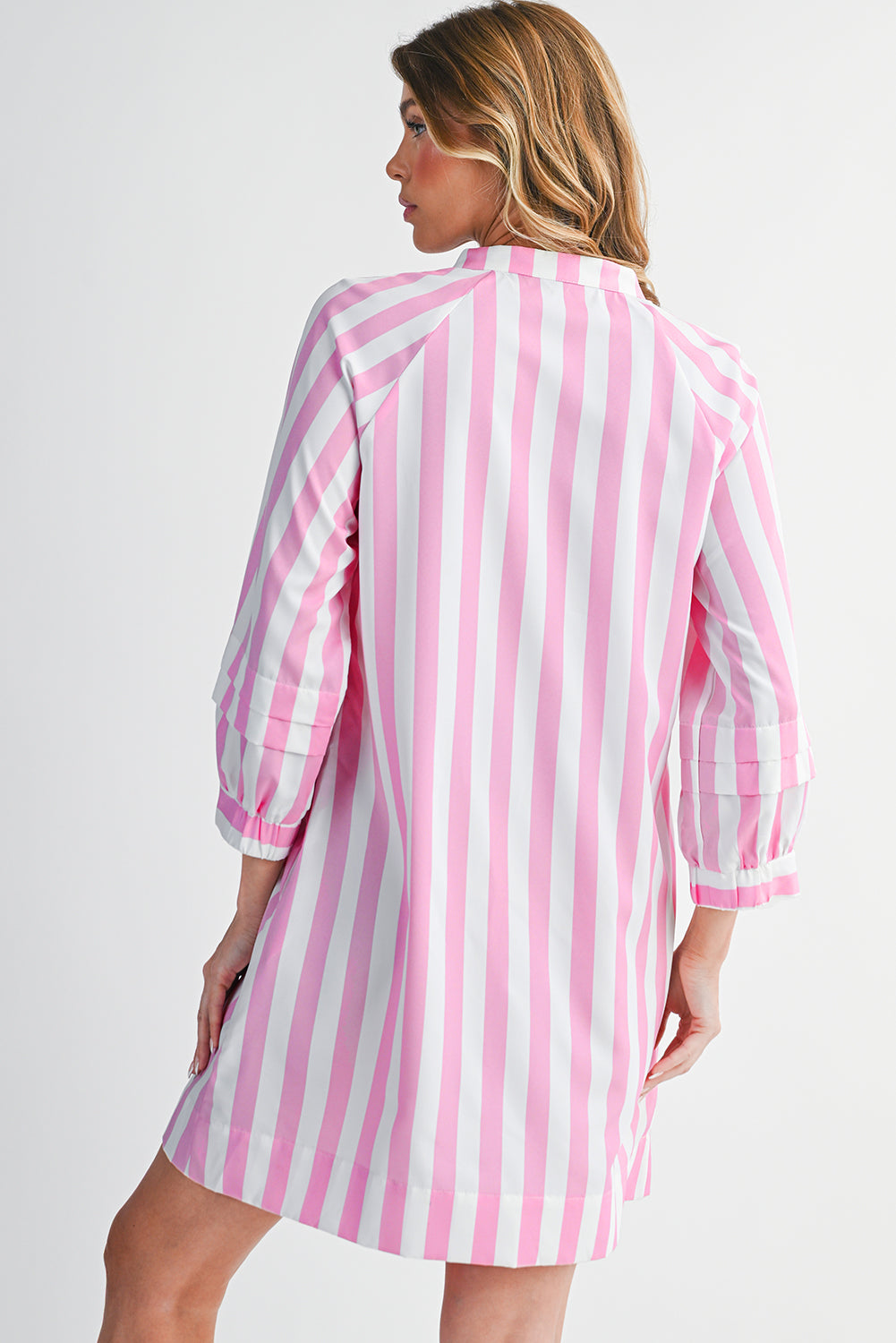 Rose Striped Long Sleeve Buttons Loose Mini Dress
