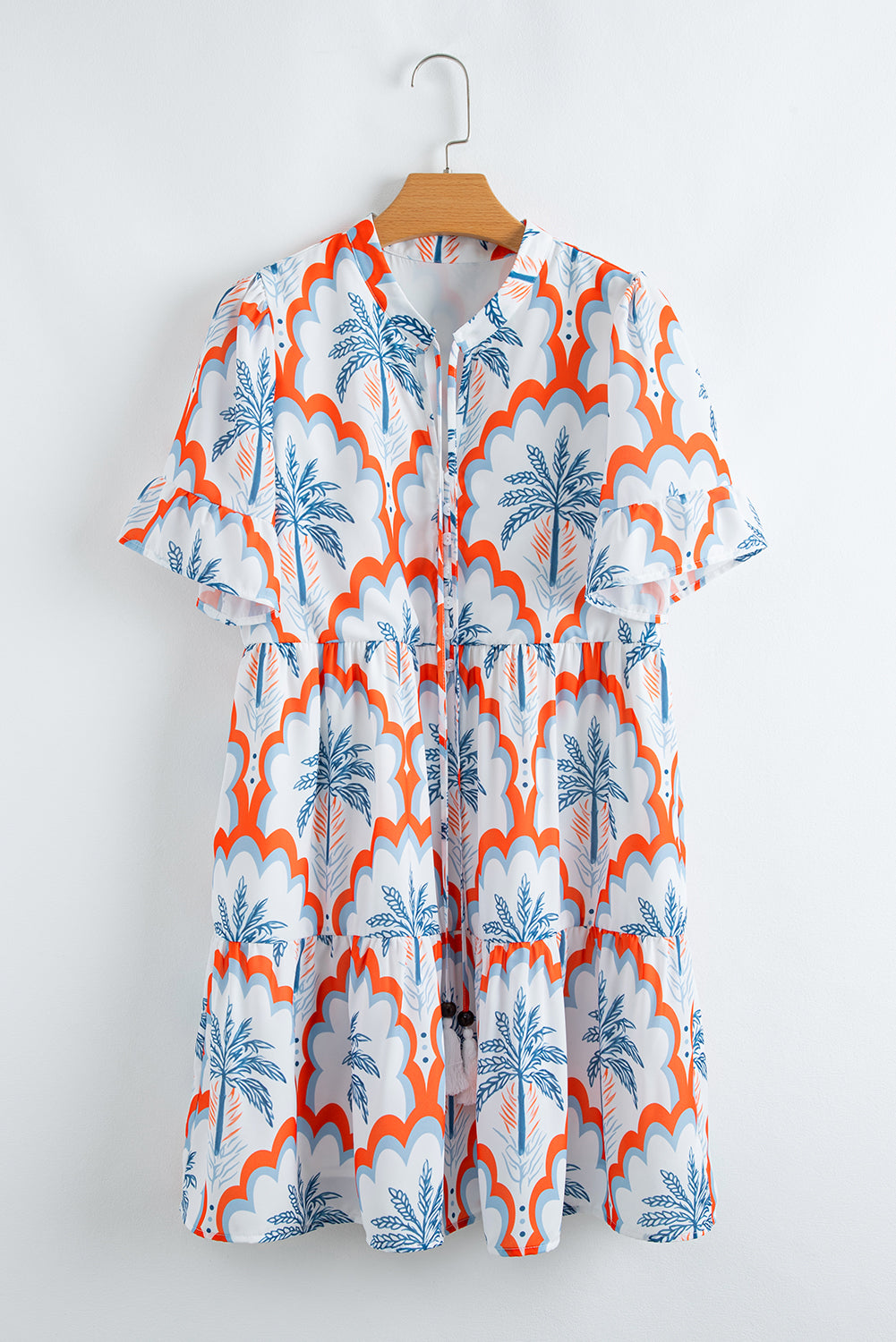 Orange Palm Tree Print Short Sleeve Flowy Dress