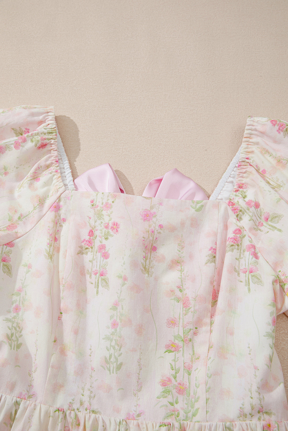 Pink Floral Puff Sleeve Square Neck Knotted Backless Ruffle Mini Dress